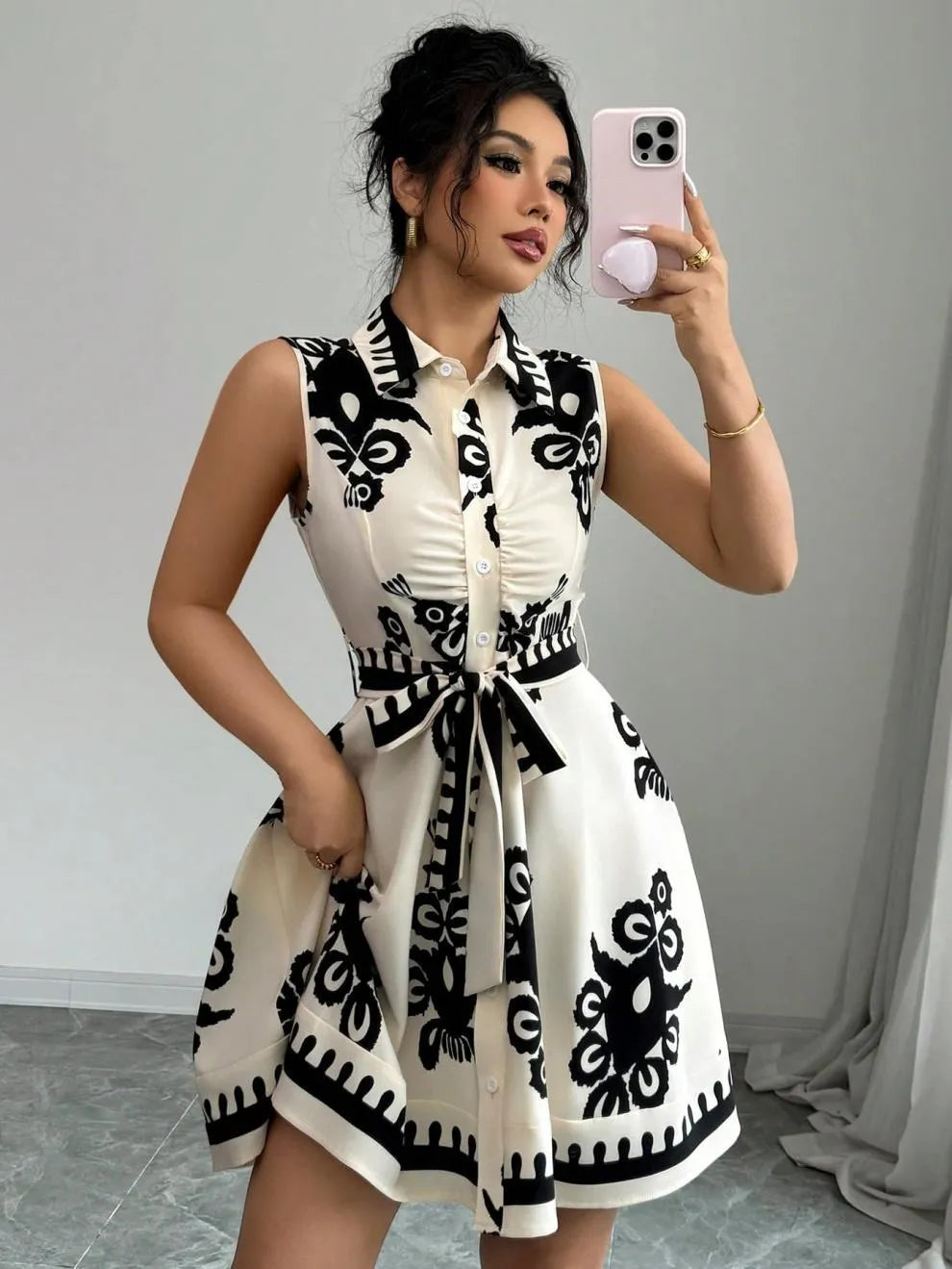 Printed Sleeveless Button Front Dress | Dresses Dress from PHUNKYN