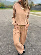 Washed Round Neck Top and Drawstring Pants Set | Top and Pants Set from PHUNKYN