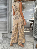 Devine Printed Round Neck Sleeveless Tie Waist Jumpsuit | One-Pieces Jumpsuit from PHUNKYN