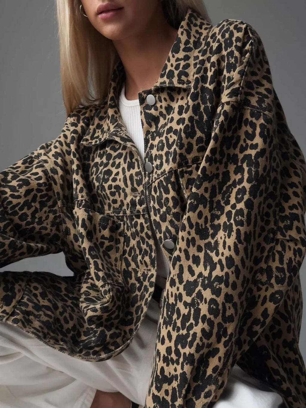 Leopard Button Up Long Sleeve Denim Jacket | Coats & Jackets Jacket from PHUNKYN