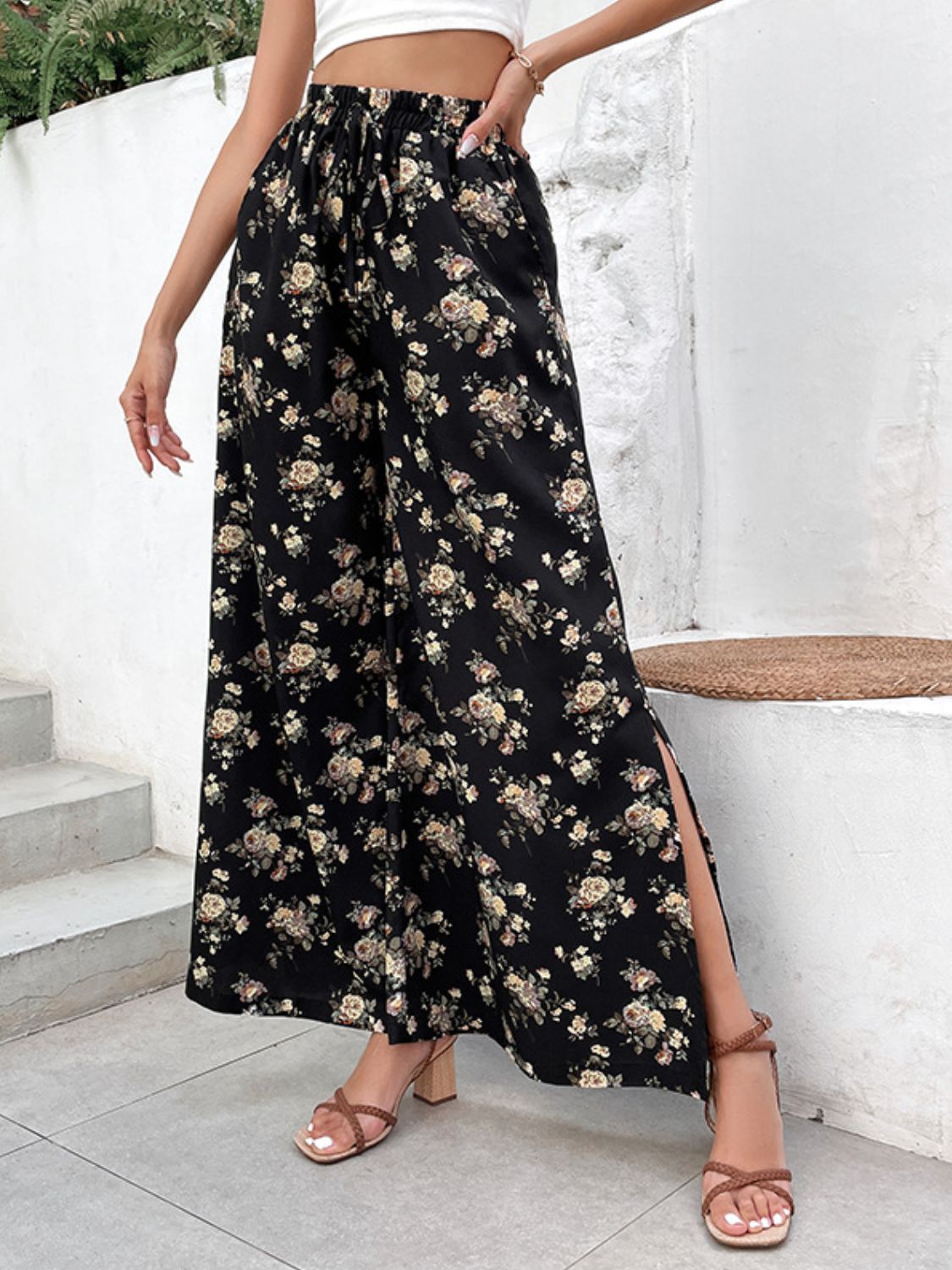 Floral Side Slit Wide Leg Pants | Pants Side Slit Pants from PHUNKYN