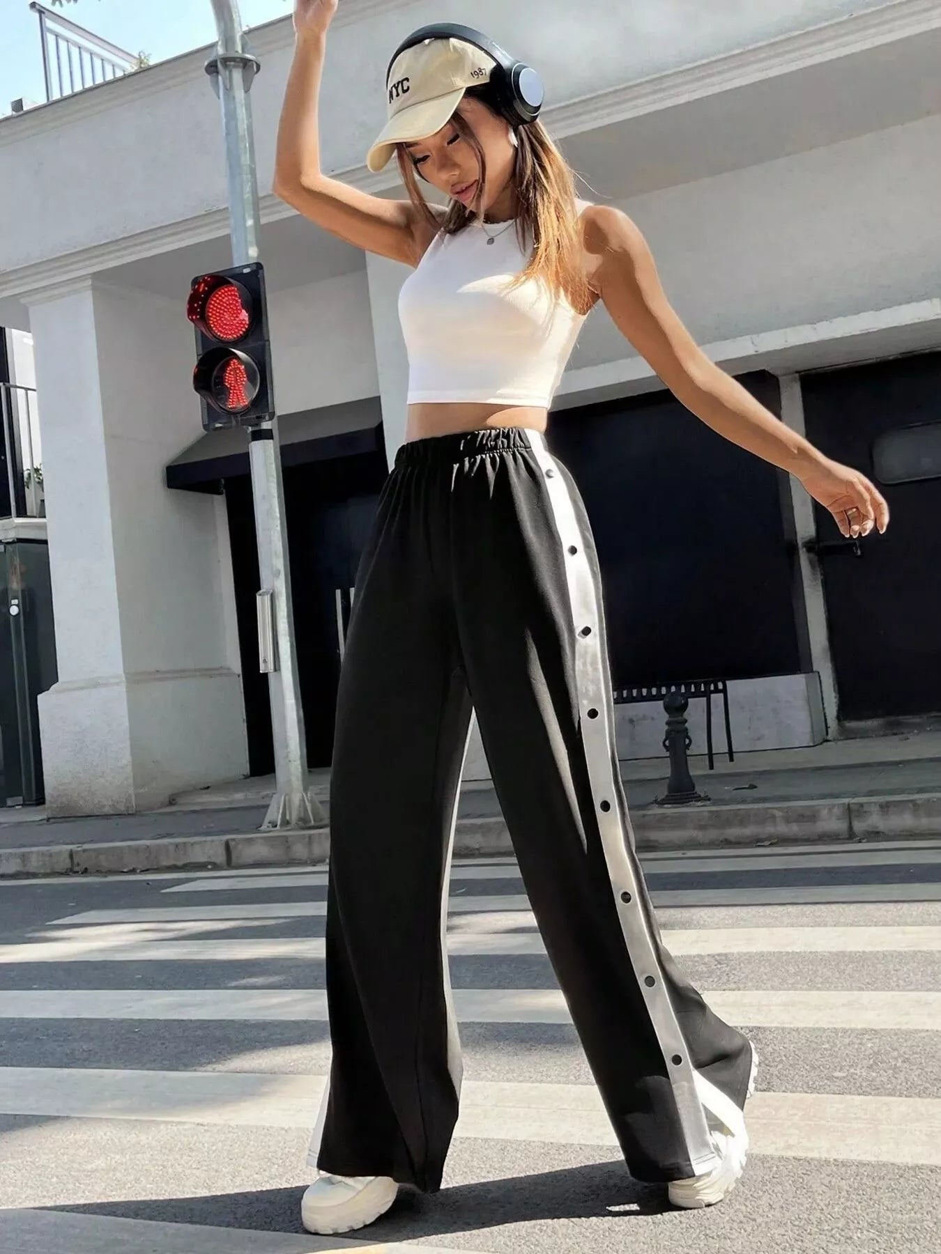 Two-Tone Side Snap Wide Leg Pants | Trousers Wide Leg Pants from PHUNKYN