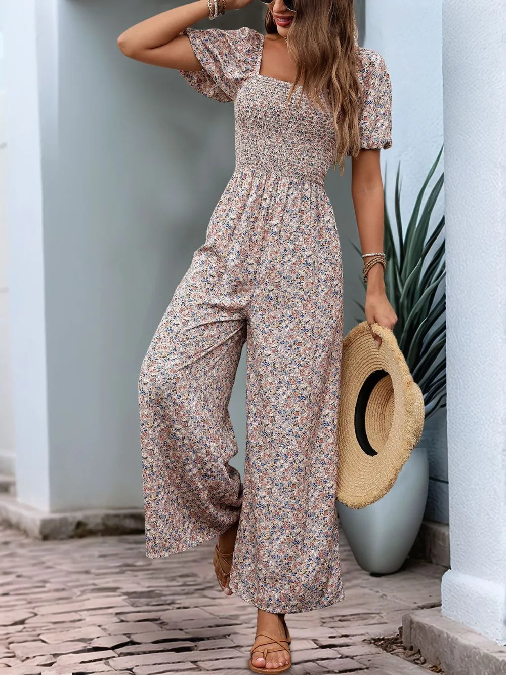 Ditsy Floral Smocked Square Neck Puff Sleeve Jumpsuit | One-Pieces Jumpsuit from PHUNKYN