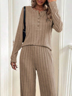 Button Detail Long Sleeve Top and Pants Set | Outfit Sets Top and Pants Set from PHUNKYN