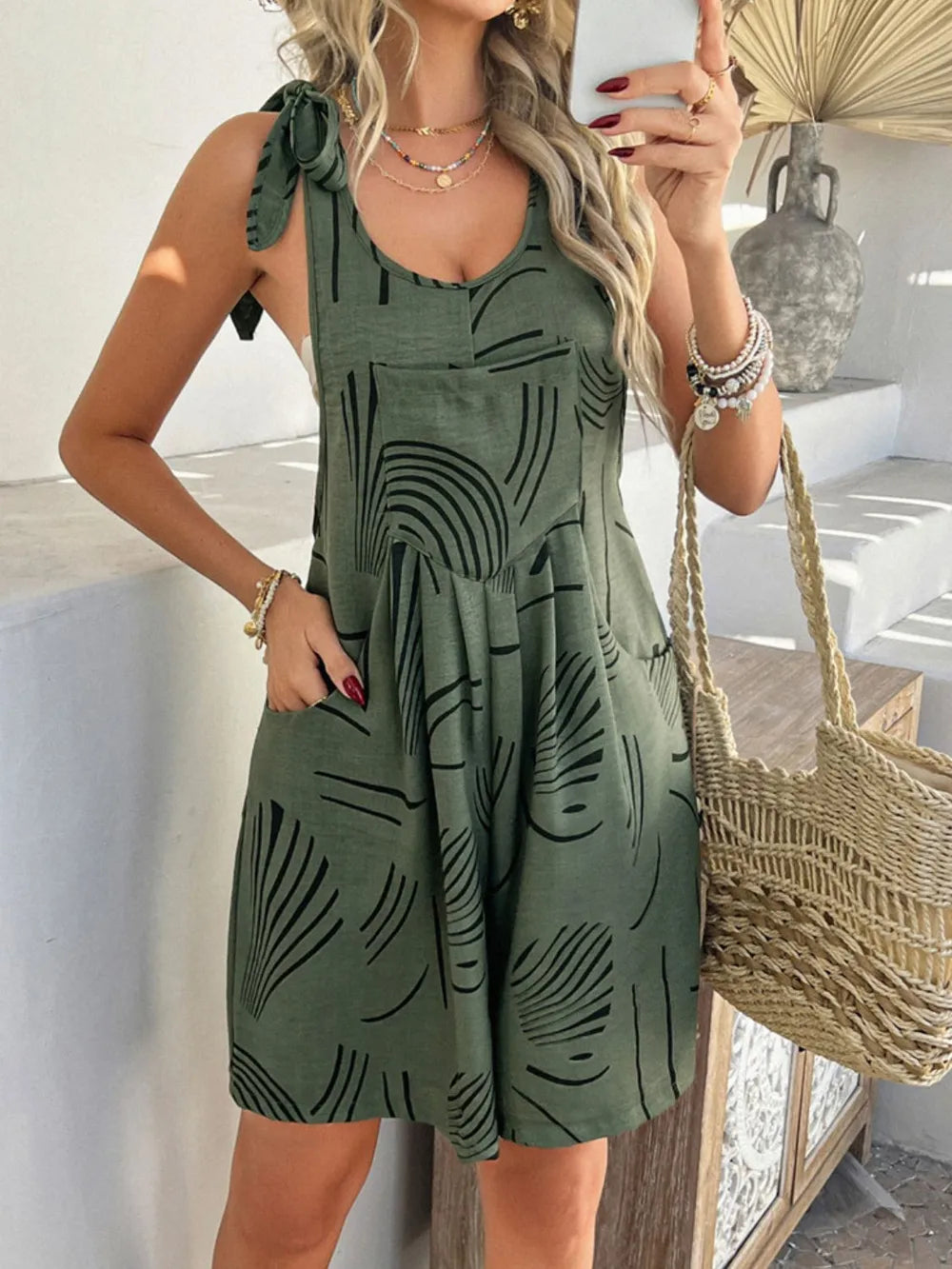 Printed Tie Shoulder Overalls with Pockets | One-Pieces Romper from PHUNKYN