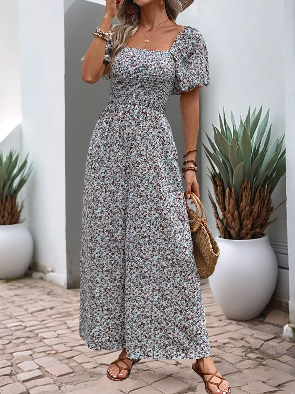Ditsy Floral Smocked Square Neck Puff Sleeve Jumpsuit | One-Pieces Jumpsuit from PHUNKYN