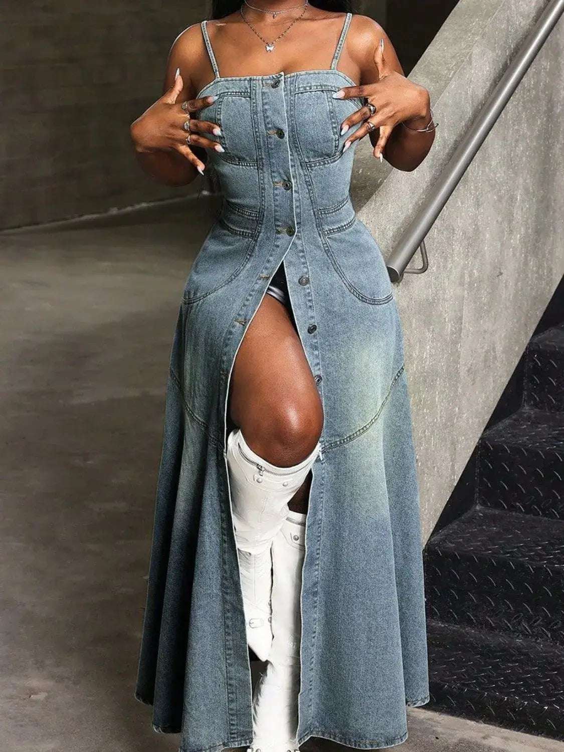 Smocked Button Front Denim Cami Dress | Dresses Cami Denim Dress from PHUNKYN