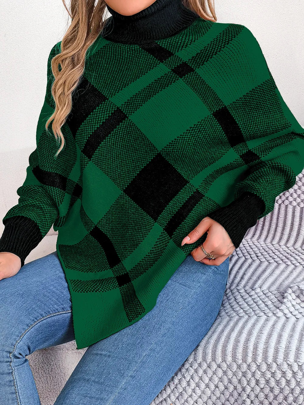 Plaid Turtleneck Batwing Sleeve Sweater | Sweaters Sweater from PHUNKYN