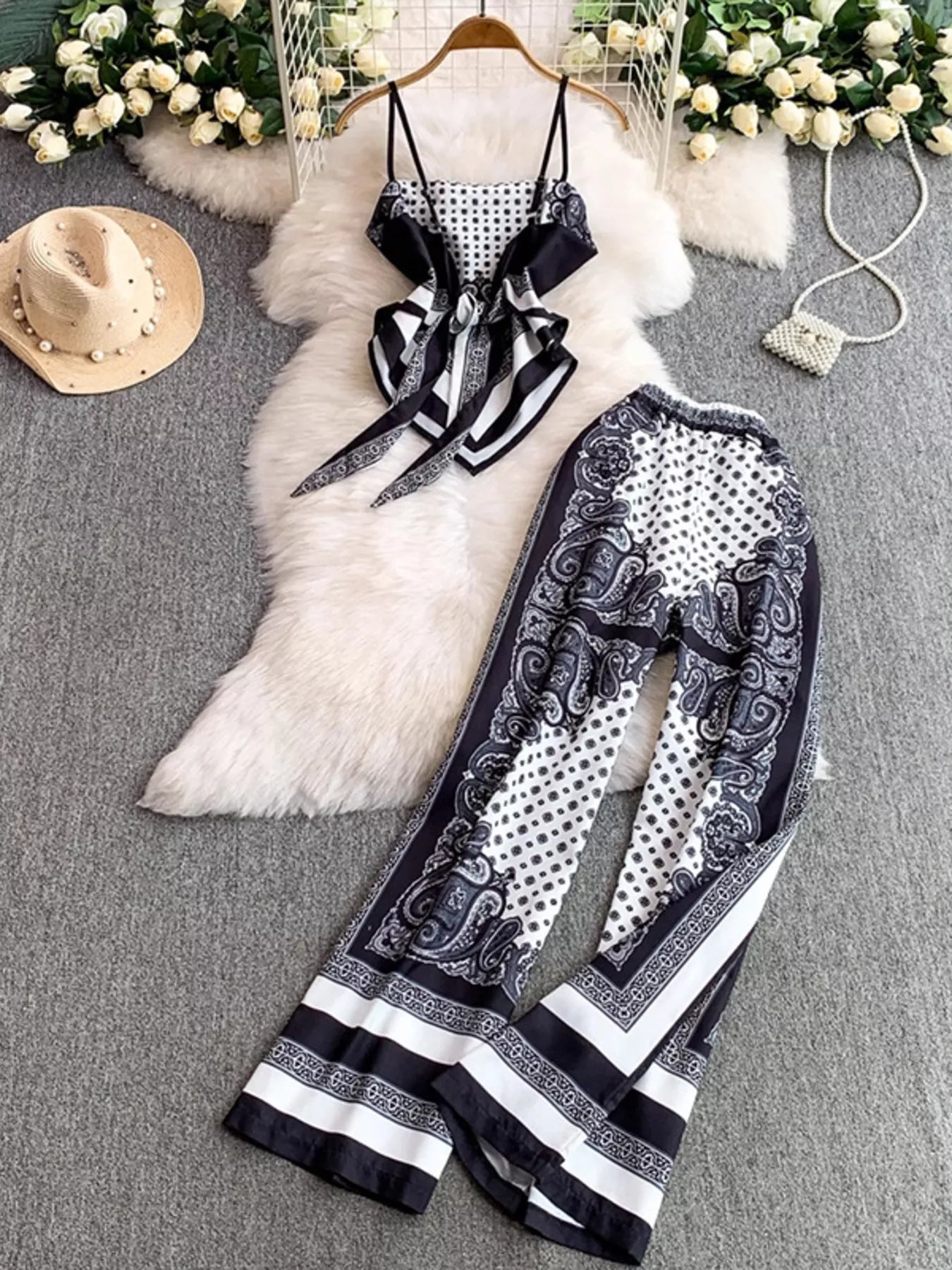 Tie Back Printed Cami and Pants Set | Outfit Sets Top and Pants Set from PHUNKYN