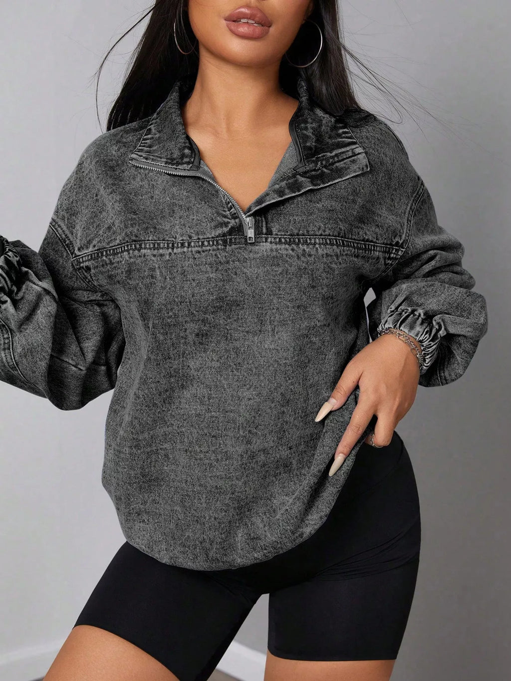 Elastic Hem Quarter Zip Denim Top | Shirts Denim Top from PHUNKYN