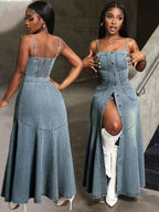 Smocked Button Front Denim Cami Dress | Dresses Cami Denim Dress from PHUNKYN