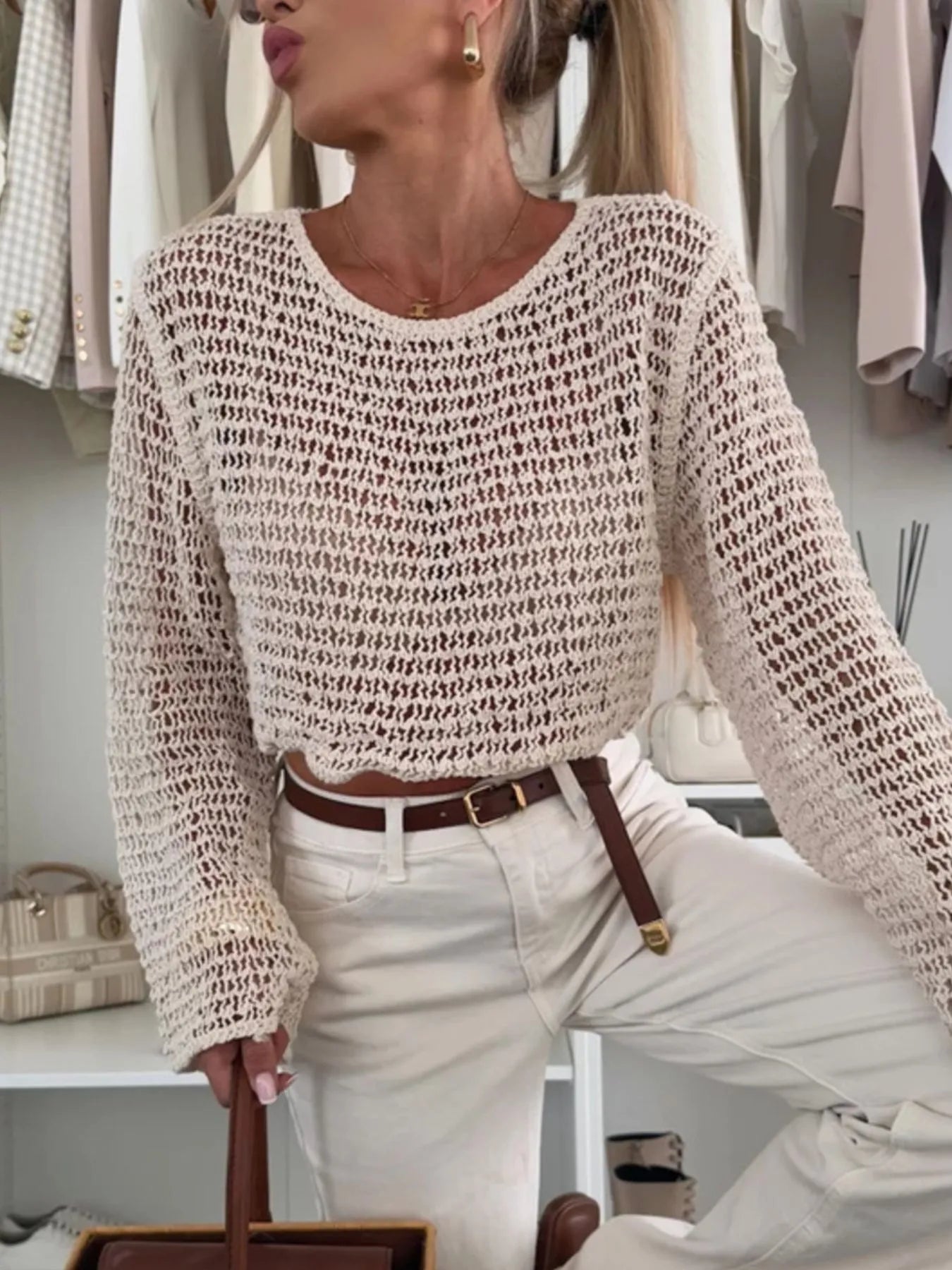 Openwork Round Neck Knit Cover Top | Sweaters Sweater from PHUNKYN