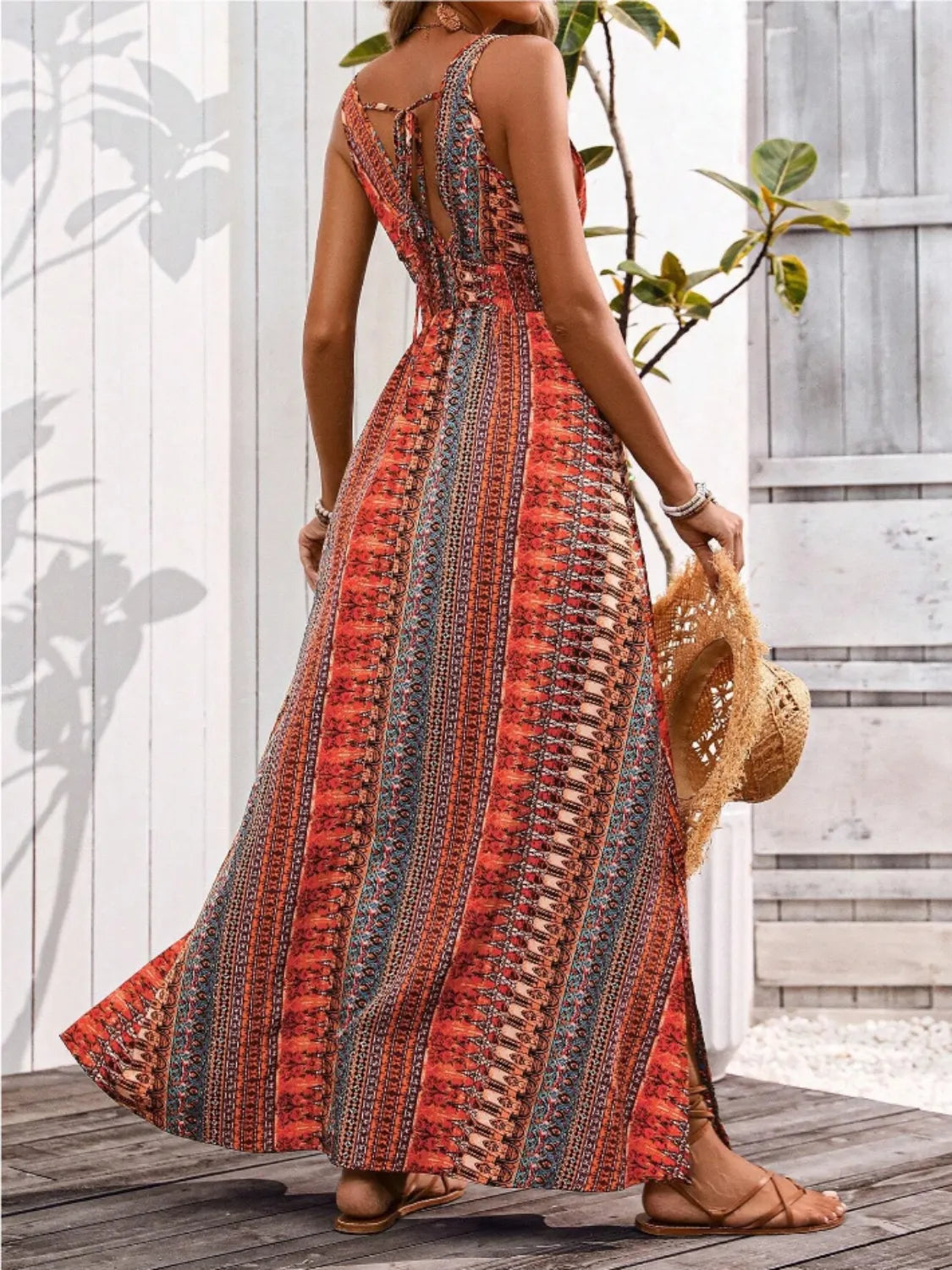 Tied Back Printed Sleeveless Maxi Slit Dress | Dresses Maxi Dress from PHUNKYN