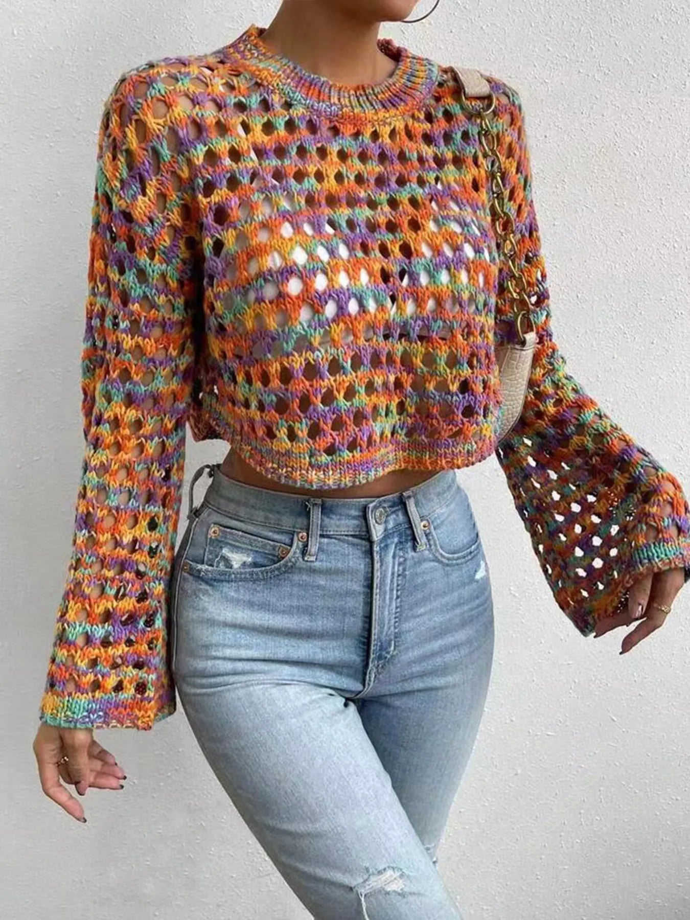 Rainbow Crochet Hollow Out Cropped Sweater | Sweaters Sweater from PHUNKYN