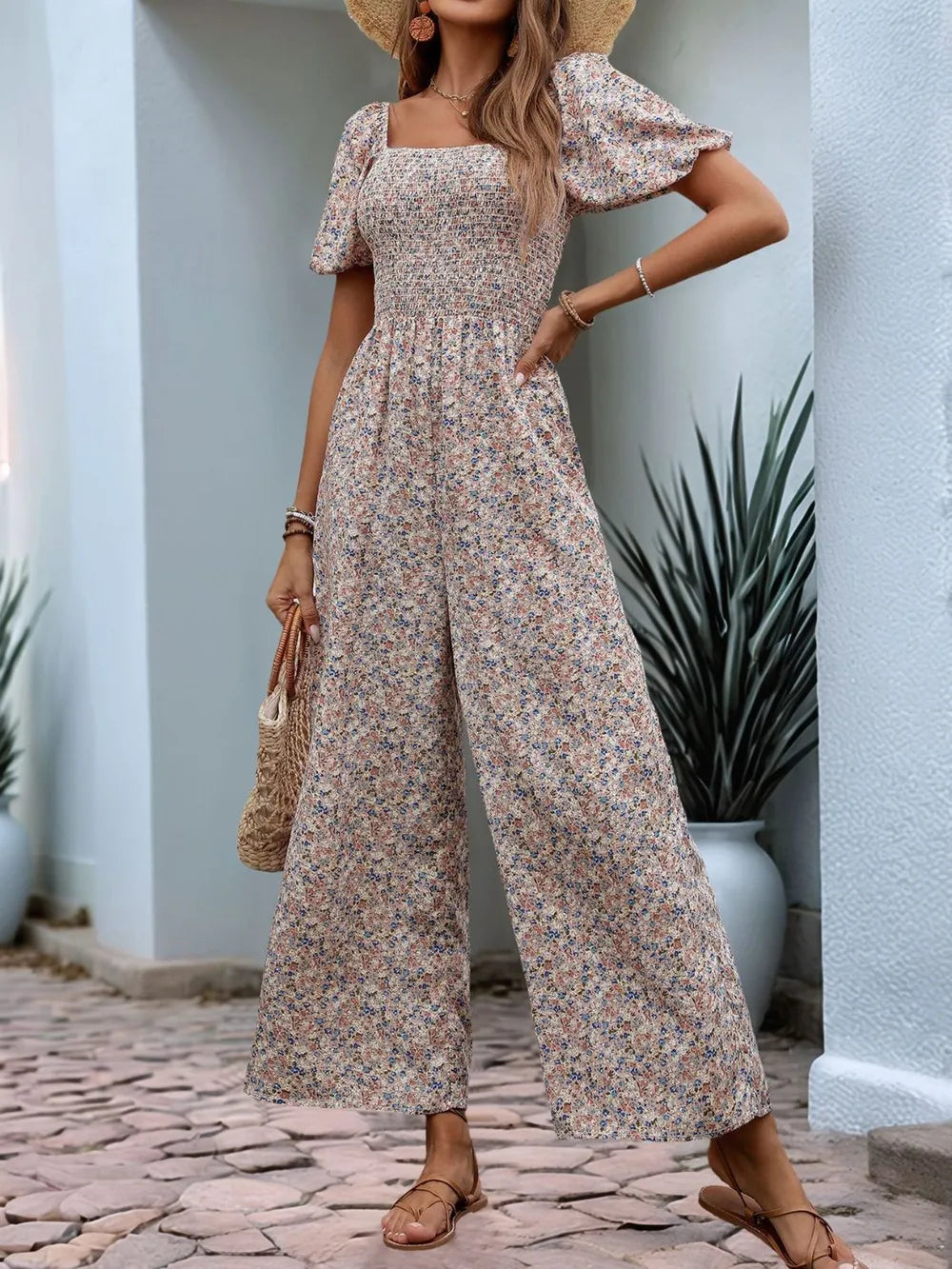 Ditsy Floral Smocked Square Neck Puff Sleeve Jumpsuit | One-Pieces Jumpsuit from PHUNKYN