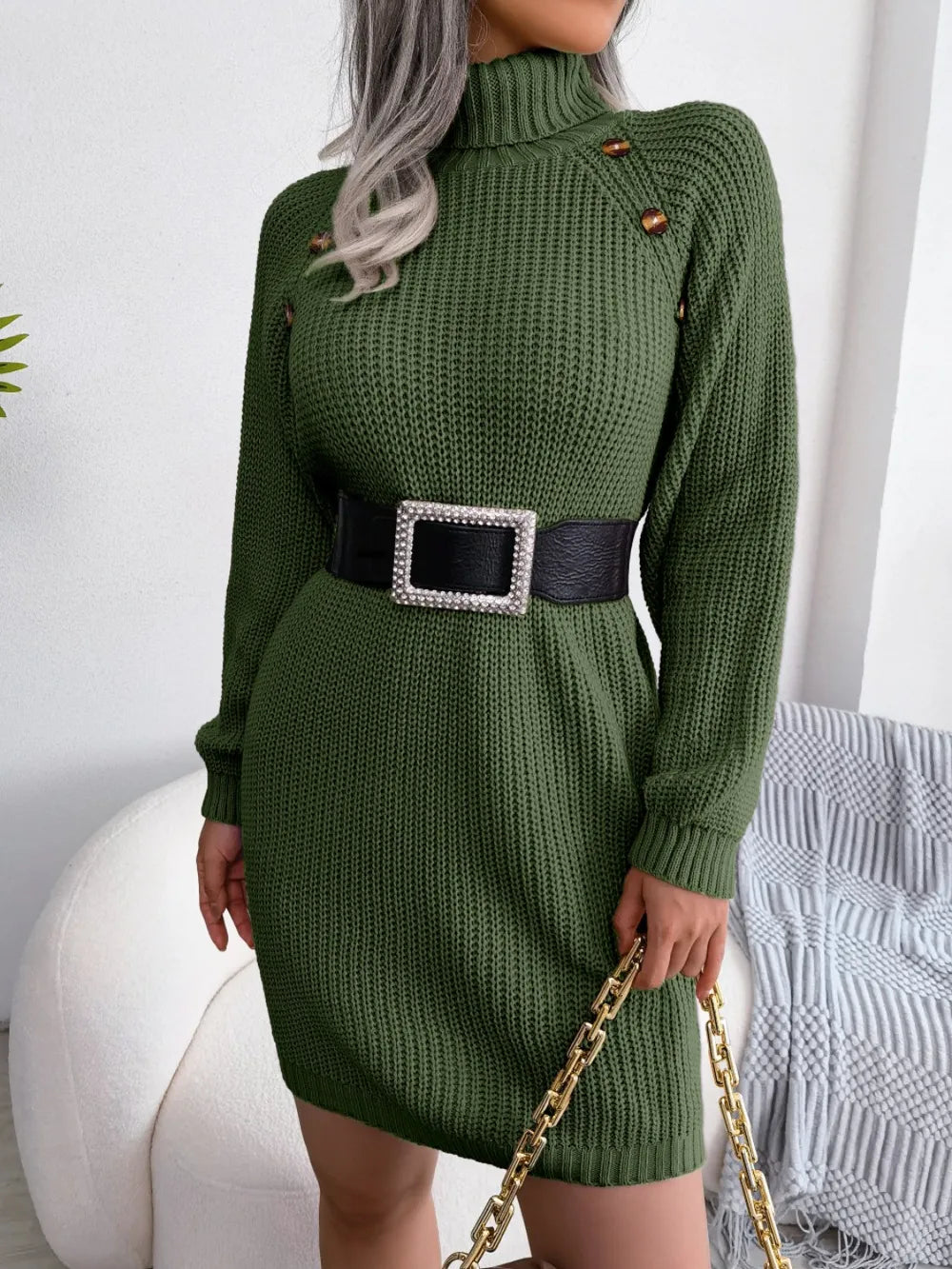 Decorative Button Turtleneck Sweater Dress | Dresses Sweater Dress from PHUNKYN