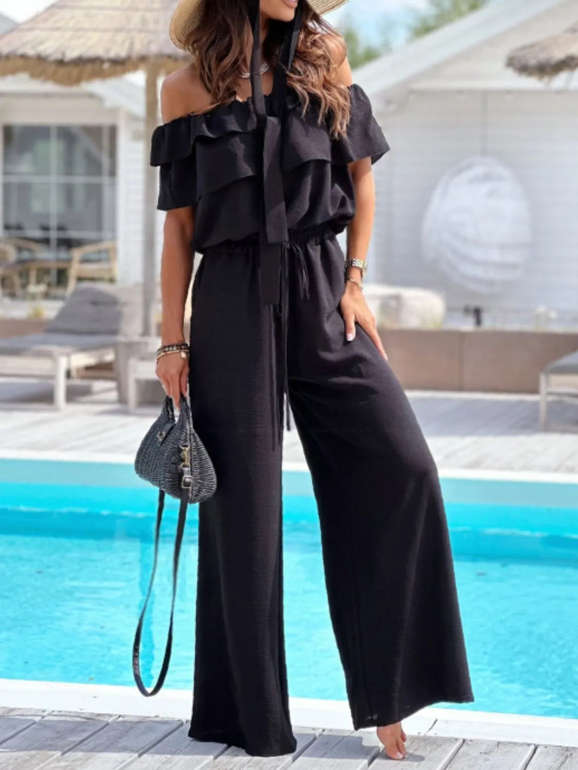 Off-Shoulder Ruffled Wide Leg Jumpsuit One-Pieces Jumpsuit PHUNKYN