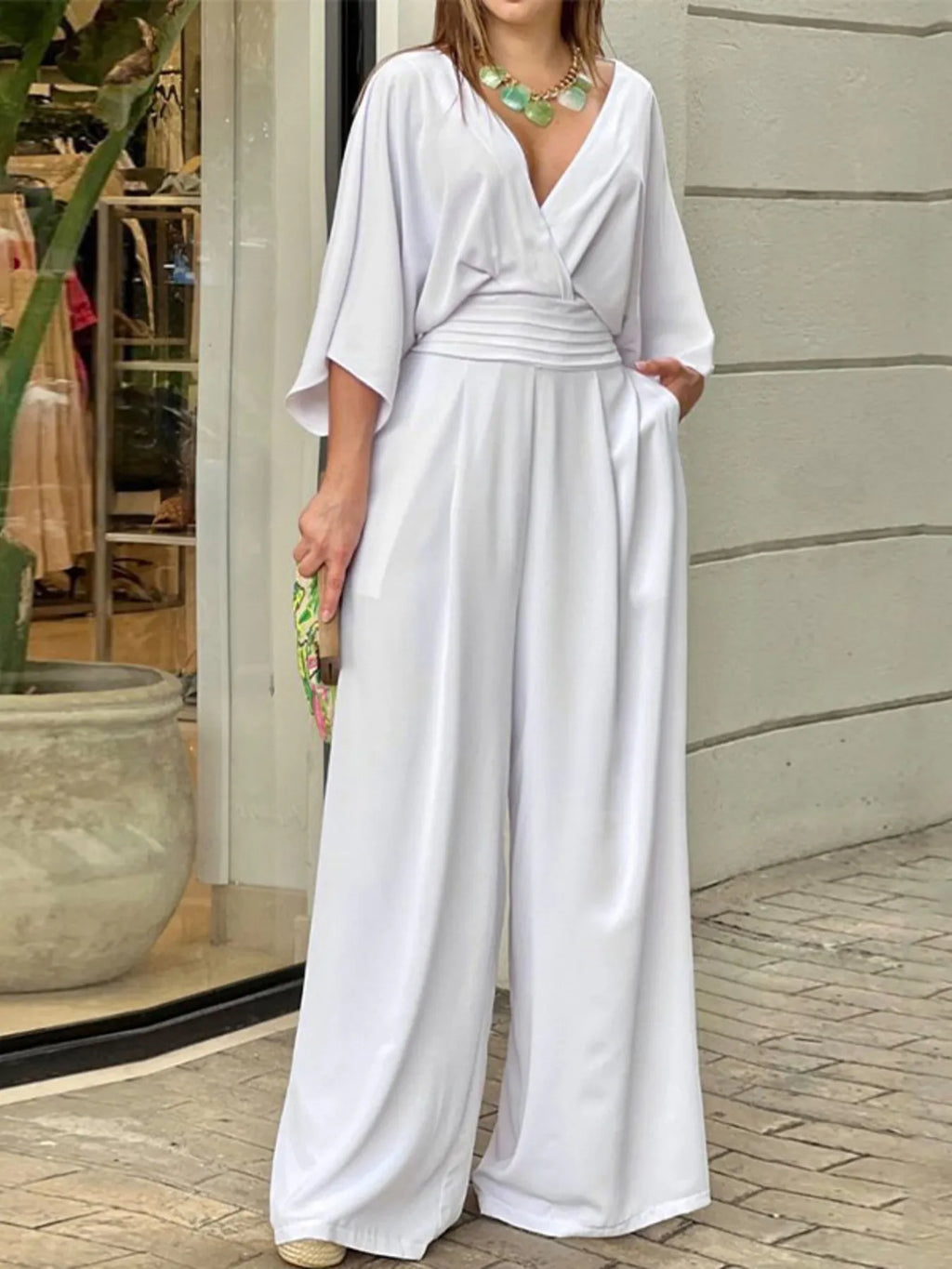 Wide-Leg Wrap Jumpsuit with Kimono Sleeves Plus Size | One-Pieces Jumpsuit from PHUNKYN