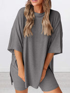 Oversized Slit Round Neck Top and Shorts Lounge Set | Outfit Sets Top and Shorts from PHUNKYN