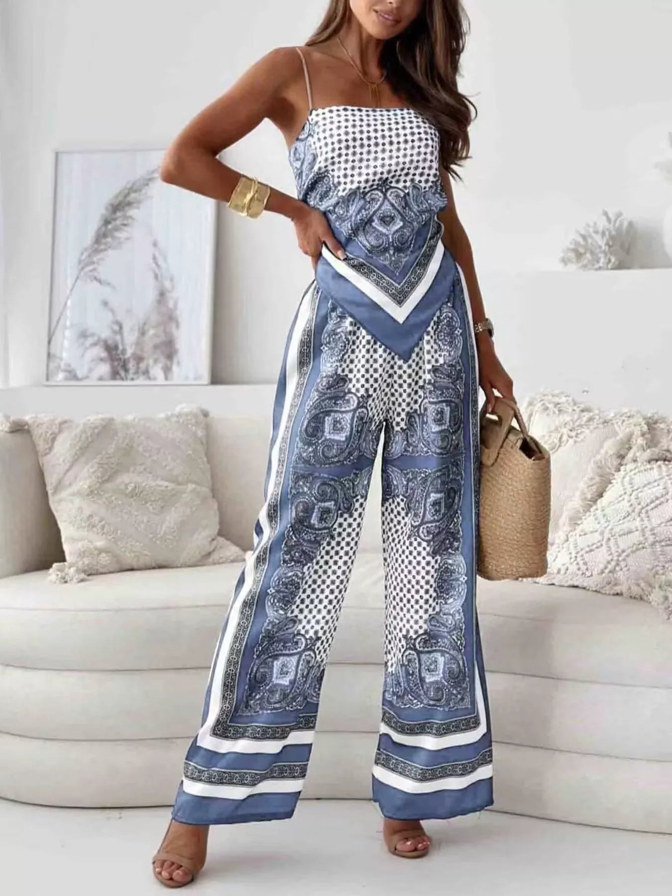 Tie Back Printed Cami and Pants Set | Outfit Sets Top and Pants Set from PHUNKYN