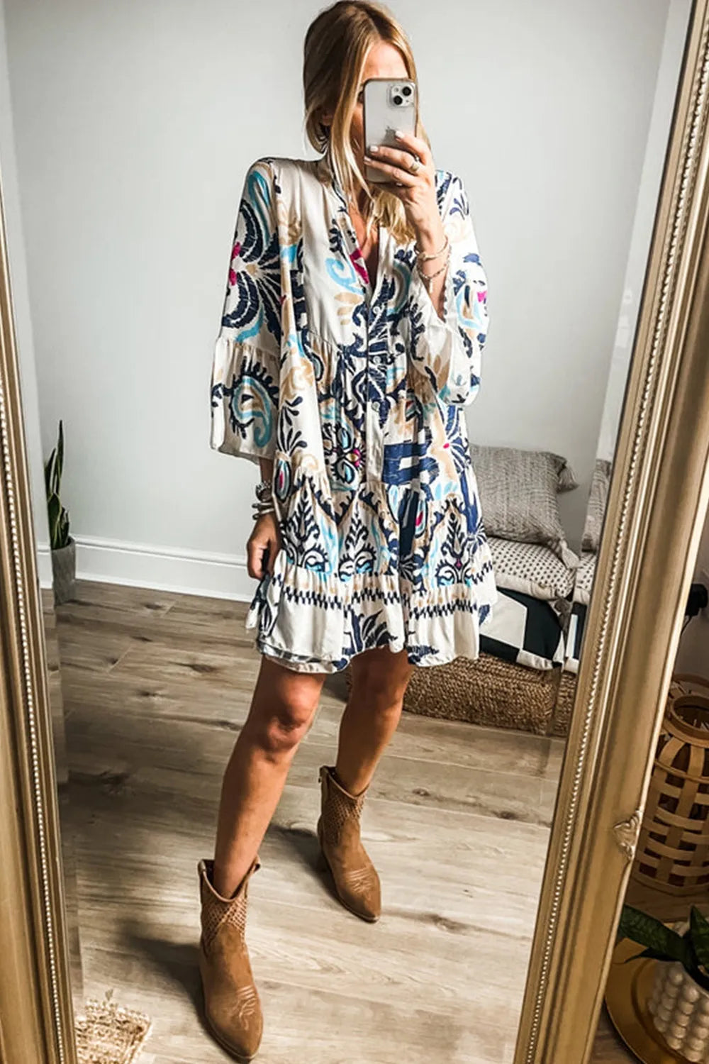Printed Notched Three-Quarter Sleeve Mini Dress | Dresses Mini Dress from PHUNKYN