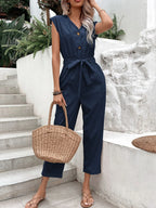 Button-Front Tie Waist Jumpsuit One-Pieces Jumpsuit PHUNKYN