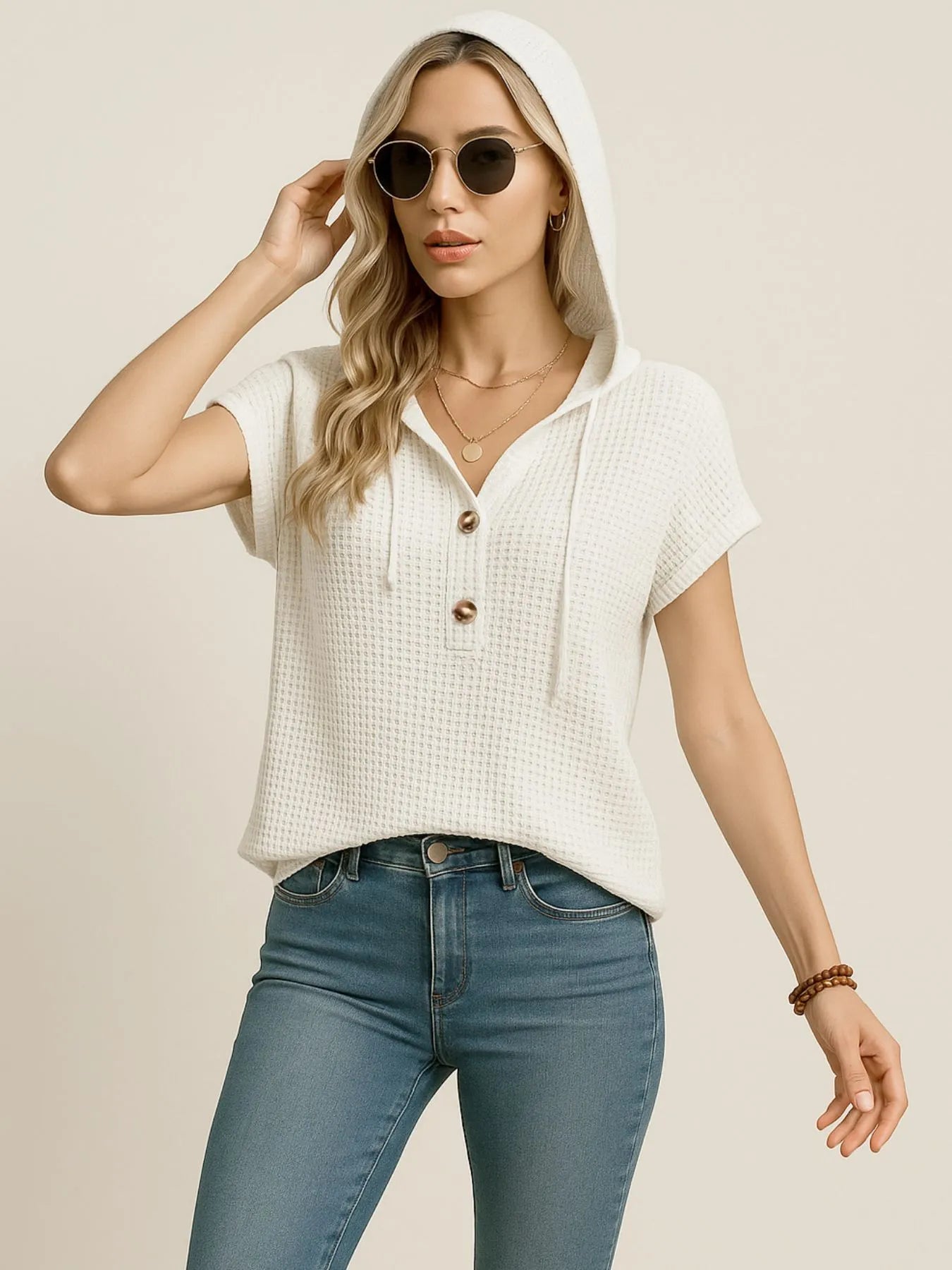 Drawstring Waffle Knit Short Sleeve Hoodie | Hoodies Hoodie from PHUNKYN