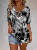 Tie Dye Lace-Up V-Neck Casual T-Shirt | T-Shirts T-Shirt from PHUNKYN