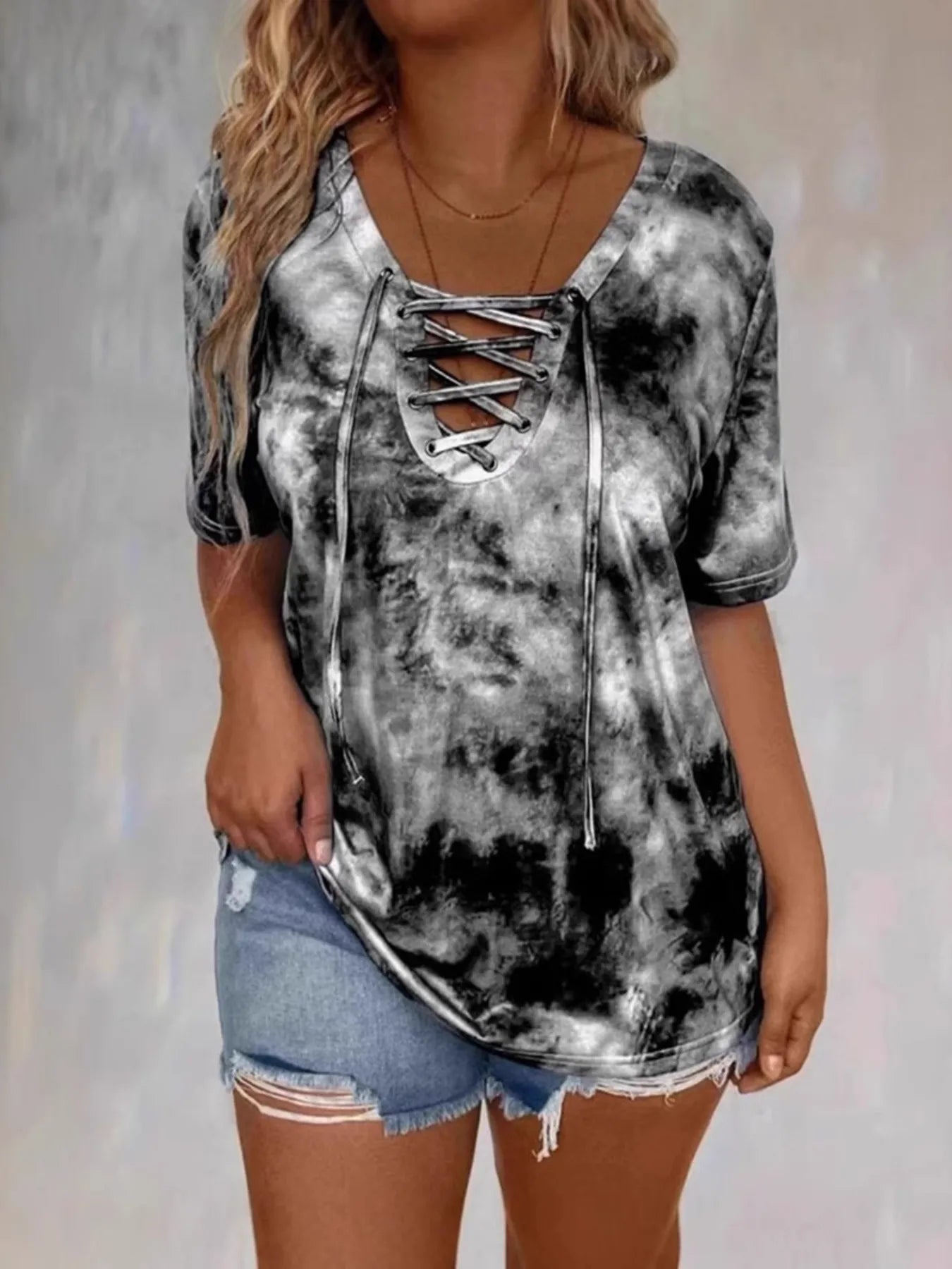 Tie Dye Lace-Up V-Neck Casual T-Shirt | T-Shirts T-Shirt from PHUNKYN