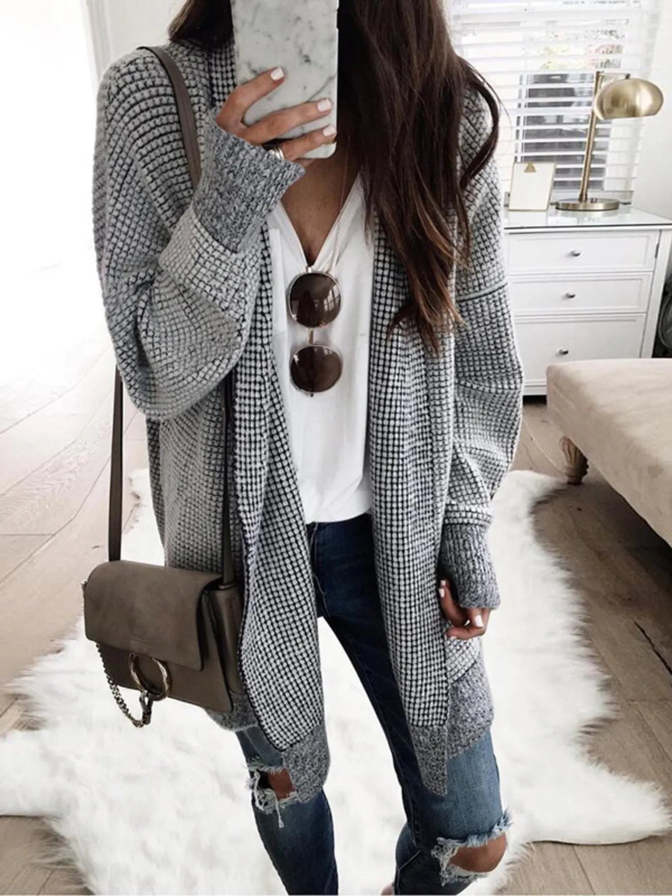 Contrast Plaid Longline Cardigan with Ribbed Trim | Cardigans Cardigan from PHUNKYN