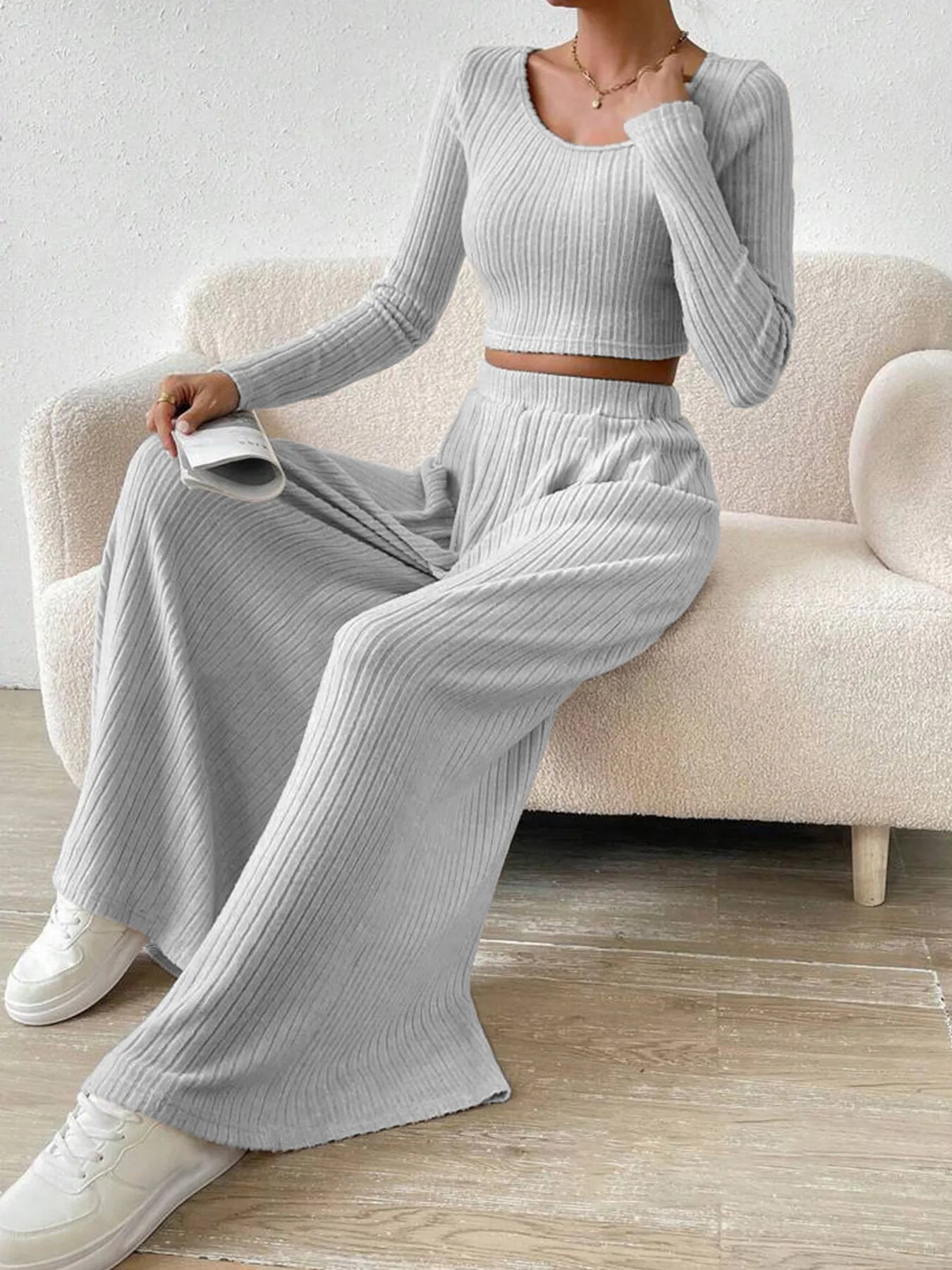 Ribbed Knit Crop Top and Wide Leg Pants Set | Outfit Sets Top and Pants Set from PHUNKYN