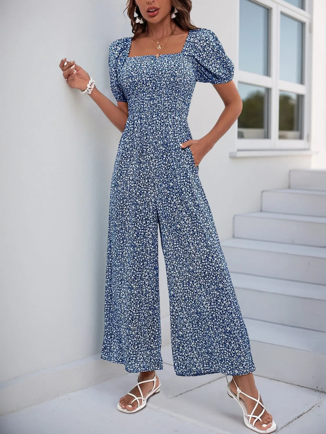 Printed Square Neck Puff Sleeve Jumpsuit | One-Pieces Jumpsuit from PHUNKYN