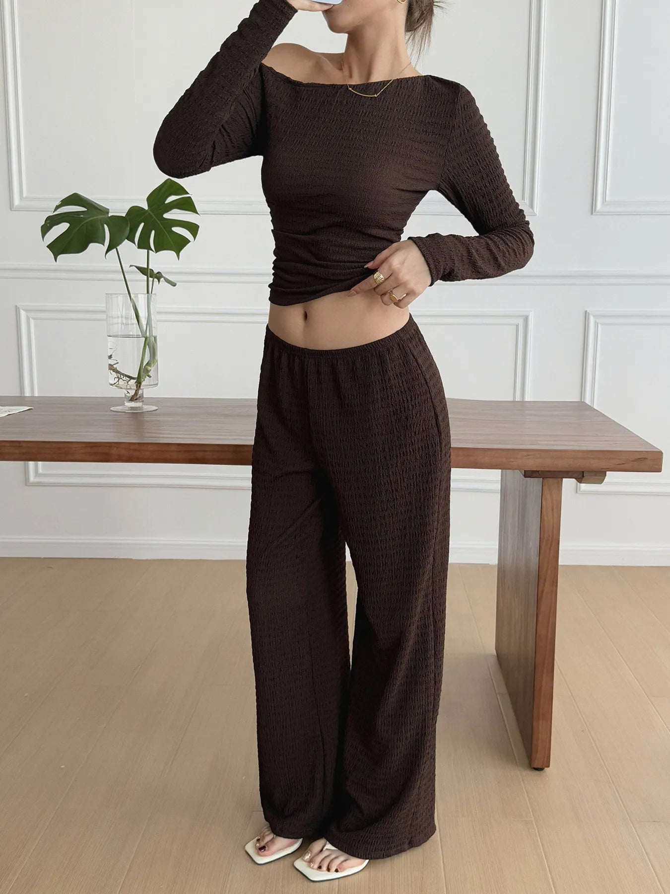 One Shoulder Long Sleeve Top and Pants Set | Outfit Sets Top and Pants Set from PHUNKYN