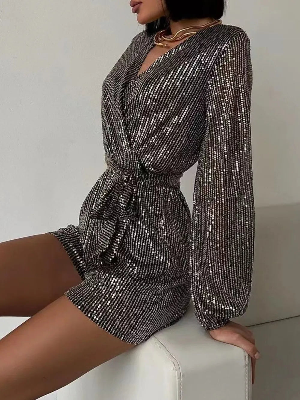 Full Size Sequin Surplice Tie Waist Long Sleeve Romper | Dresses Romper from PHUNKYN