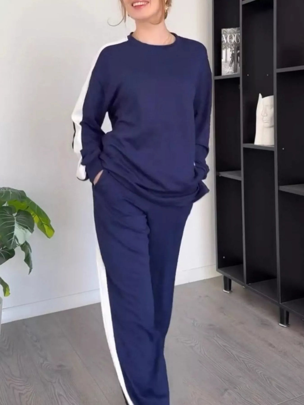 Contrast Round Neck Top and Pants Set Plus Size | Outfit Sets Top and Pants Set from PHUNKYN