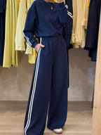 Striped Detail Crewneck Top and Elastic Sweatpants Set | Outfit Sets Top and Pants Set from PHUNKYN