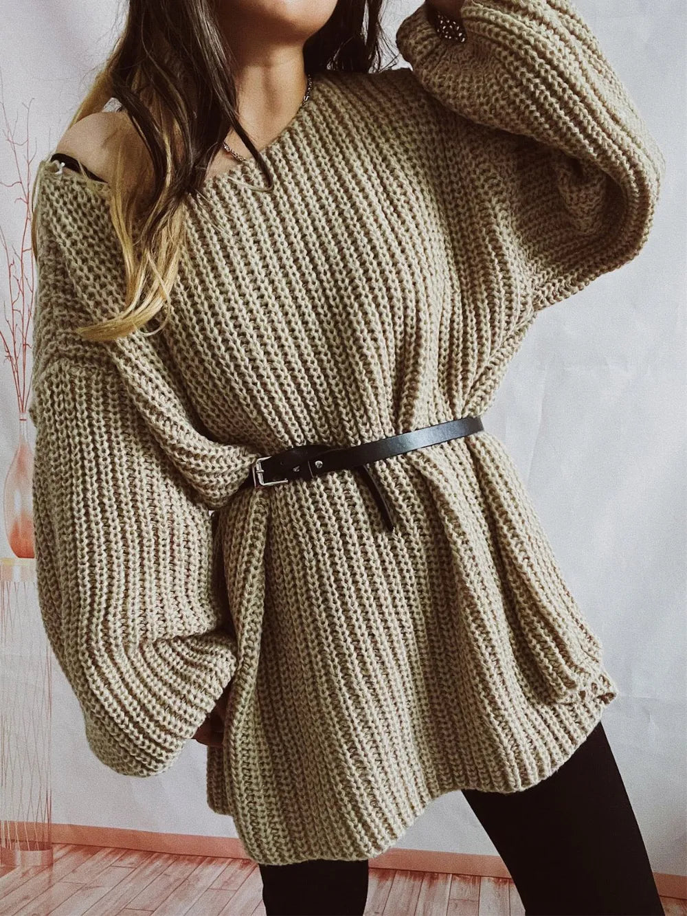 Boat Neck Long Sleeve Sweater with Belt | Sweaters Sweater from PHUNKYN