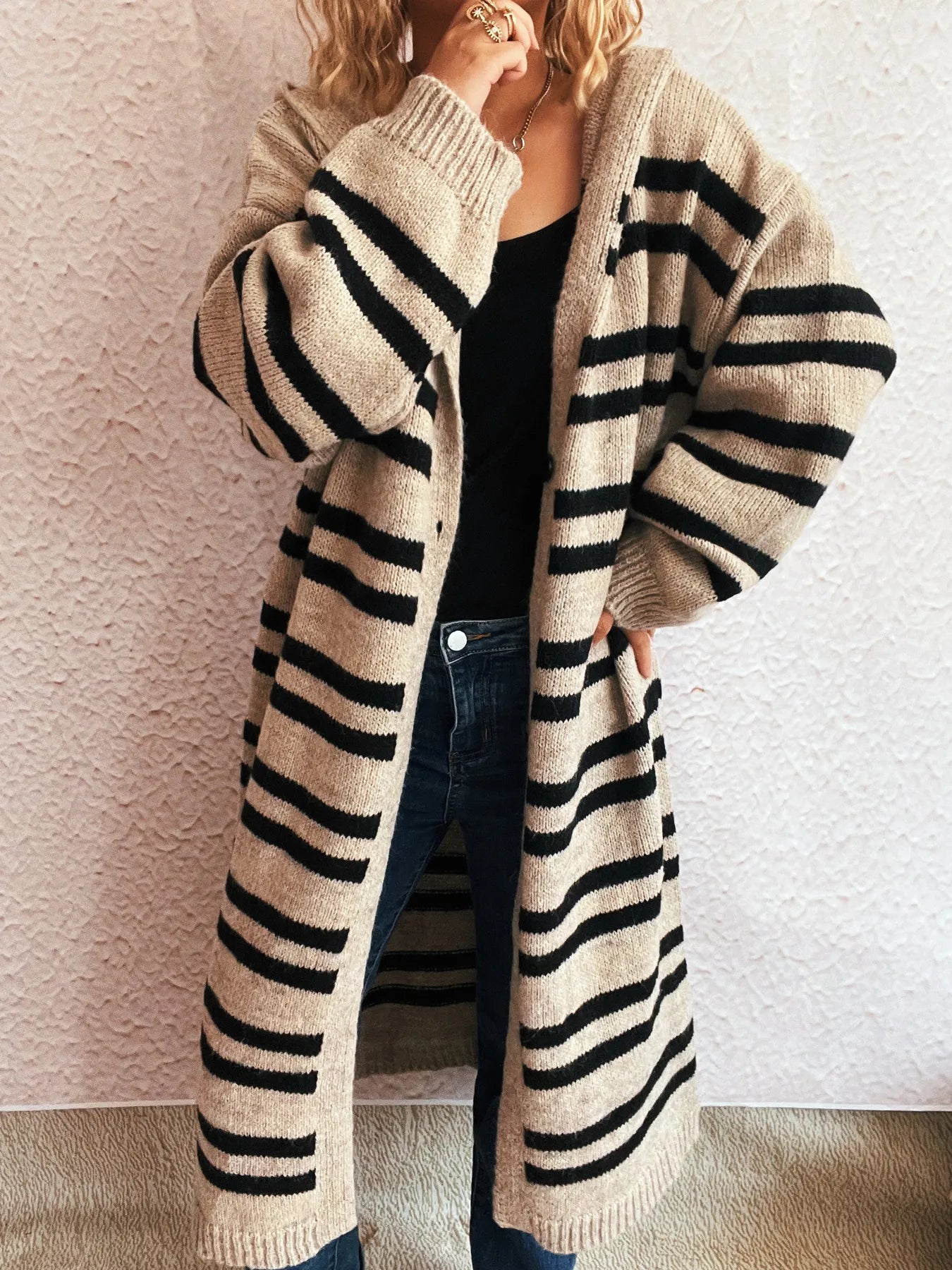 Striped Open Front Hooded Cardigan | Cardigans Cardigan from PHUNKYN