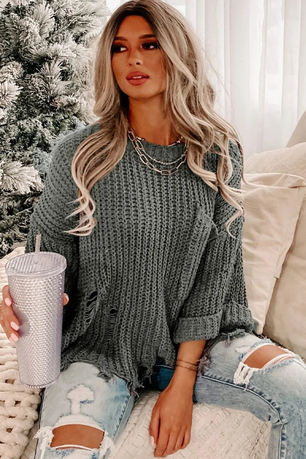 Distressed Round Neck Drop Shoulder Sweater | Sweaters Sweater from PHUNKYN