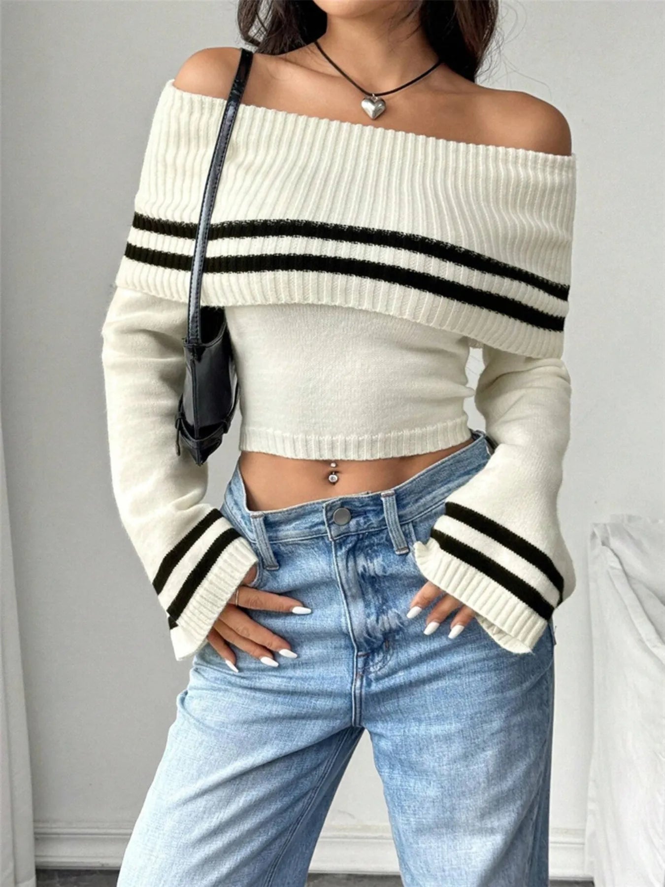 Ribbed Off-Shoulder Striped Knit Top | Sweaters Sweater from PHUNKYN