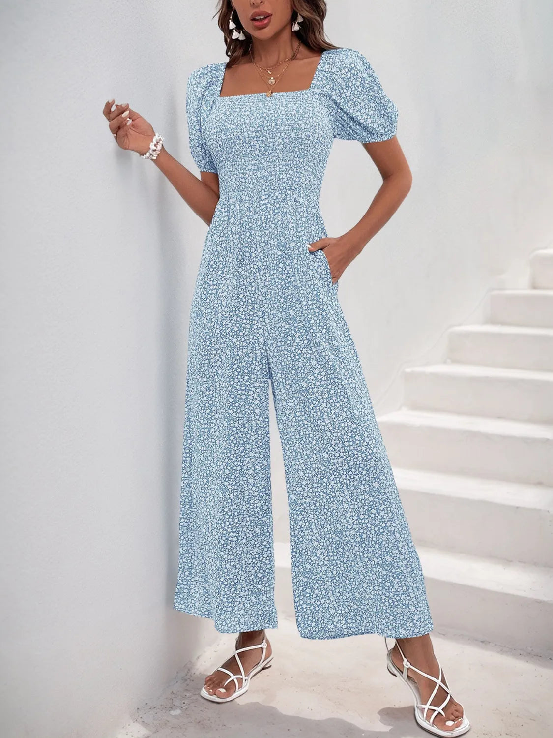 Printed Square Neck Puff Sleeve Jumpsuit | One-Pieces Jumpsuit from PHUNKYN
