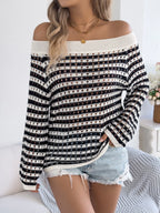 Openwork Striped Off-Shoulder Knit Top | Sweaters Sweater from PHUNKYN