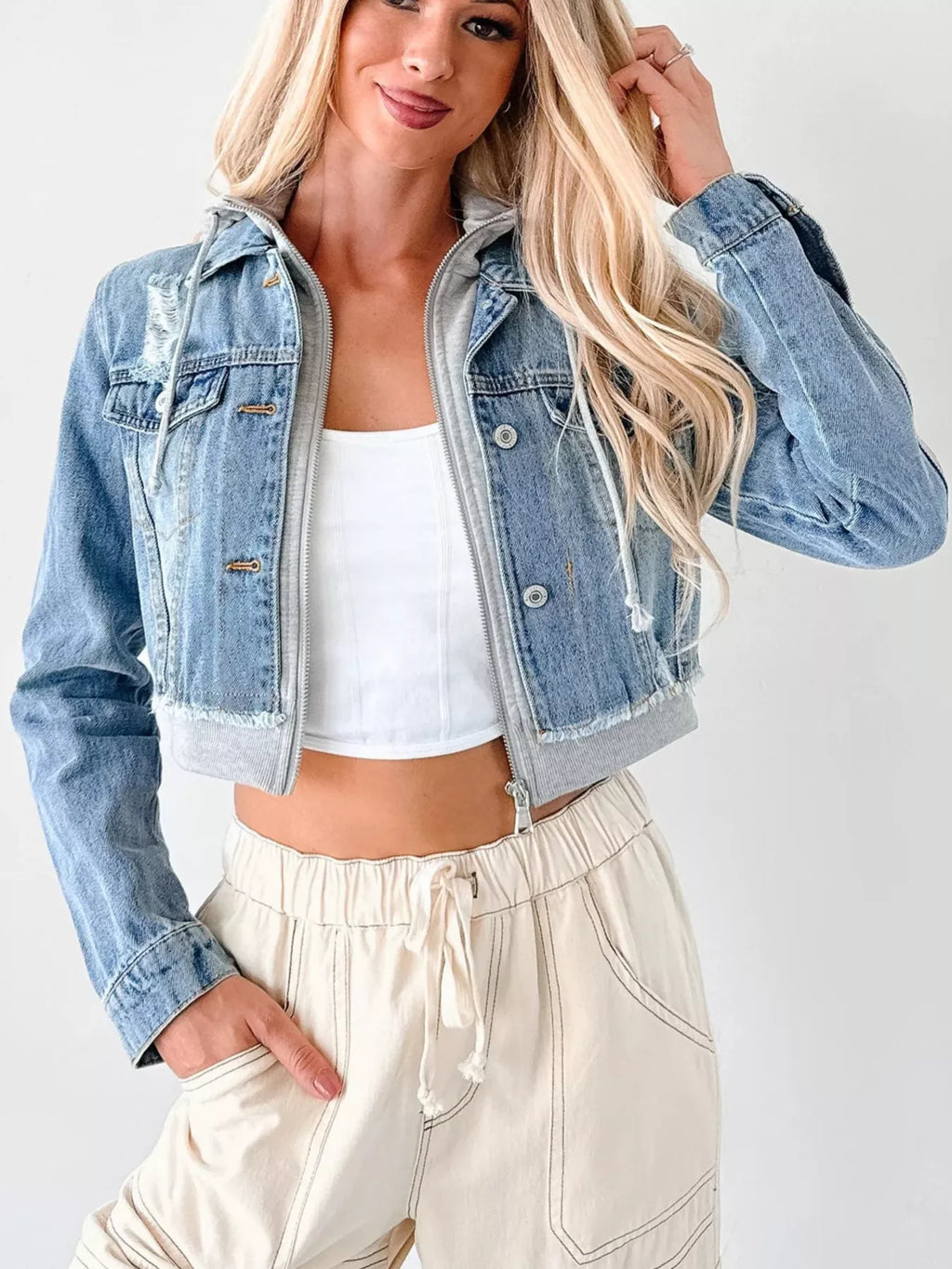 Distressed Zip Up Cropped Hooded Denim Jacket | Jacket from PHUNKYN