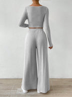 Ribbed Knit Crop Top and Wide Leg Pants Set | Outfit Sets Top and Pants Set from PHUNKYN
