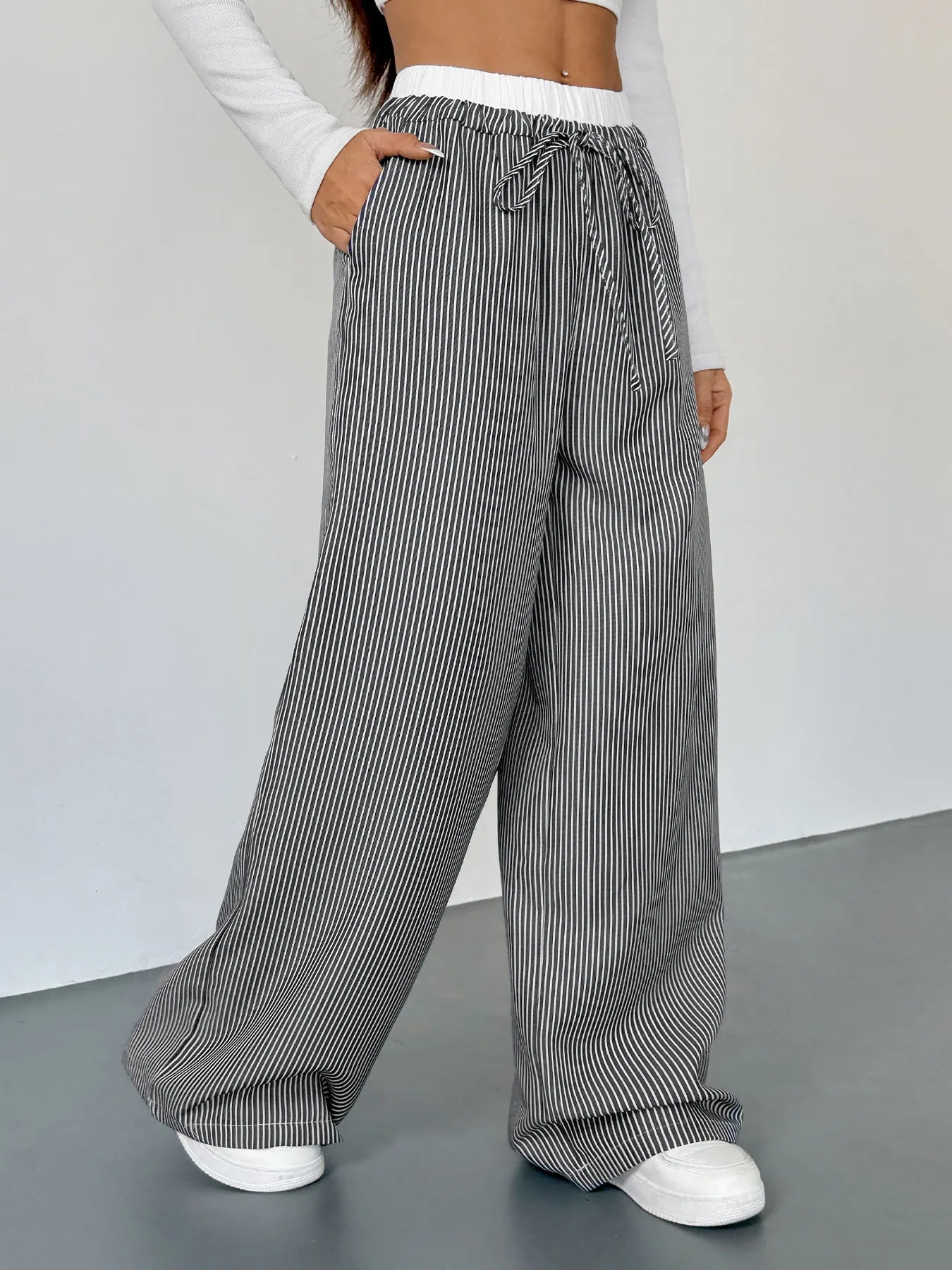 Striped Wide Leg Drawstring Pants | Trousers Wide Leg Pants from PHUNKYN