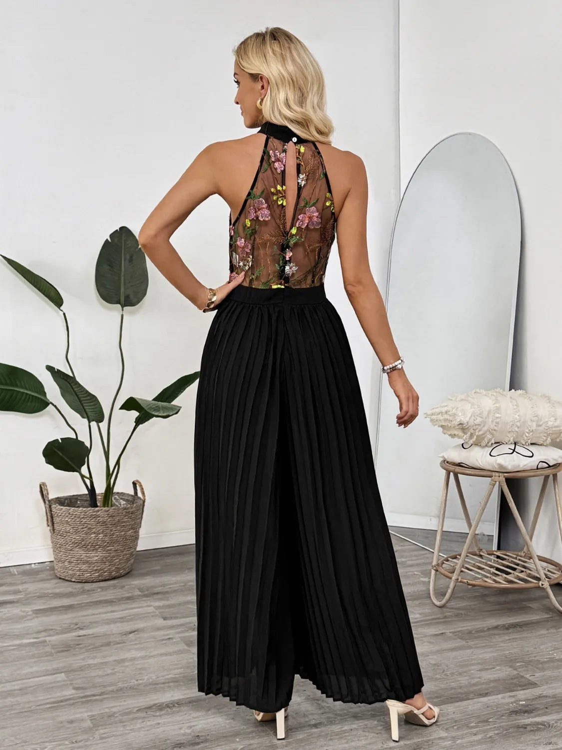 Floral Embroidered Halter Neck Pleated Jumpsuit | One-Pieces Jumpsuit from PHUNKYN