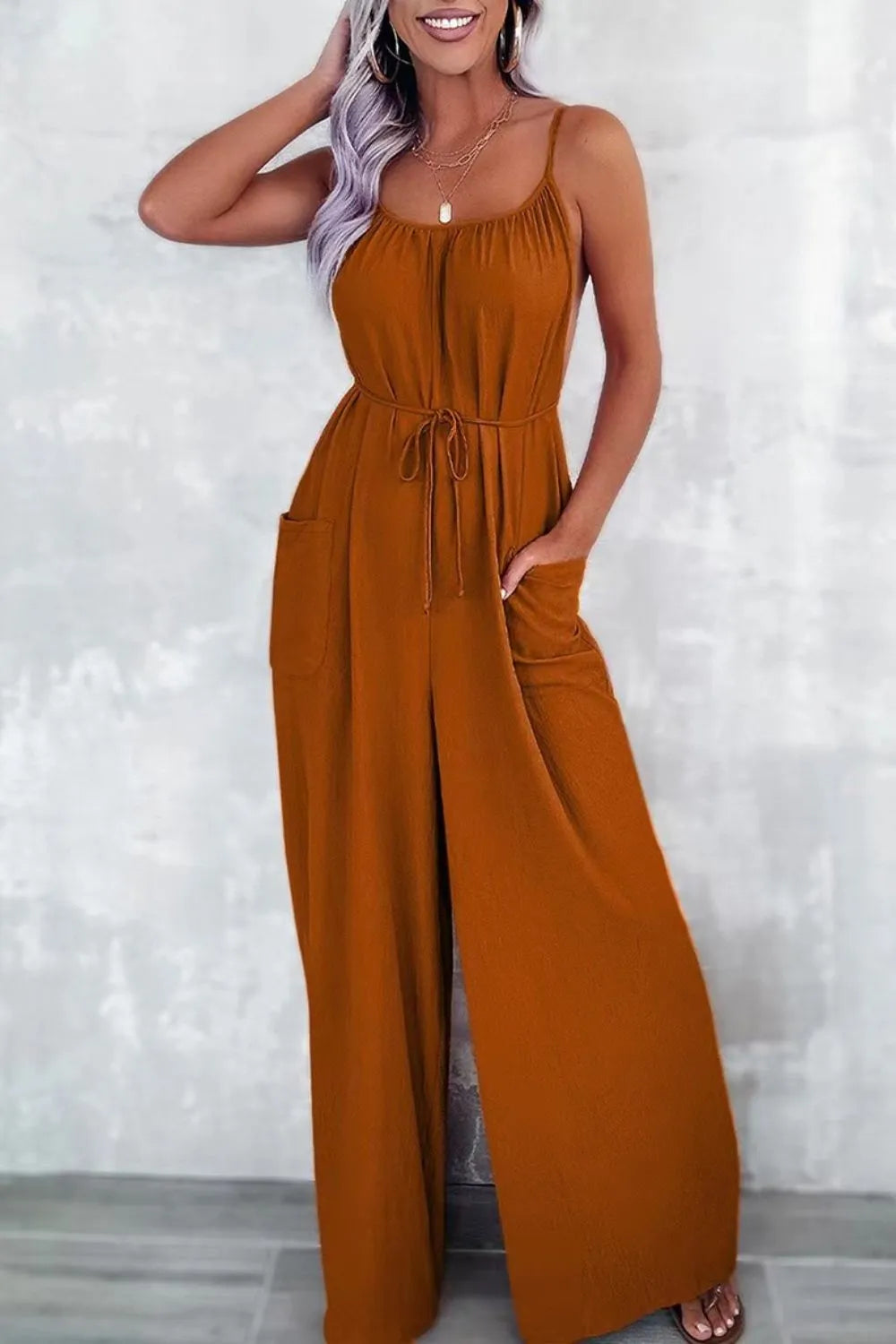 Casual Spaghetti Strap Wide Leg Jumpsuit with Pockets | One-Pieces Jumpsuit from PHUNKYN