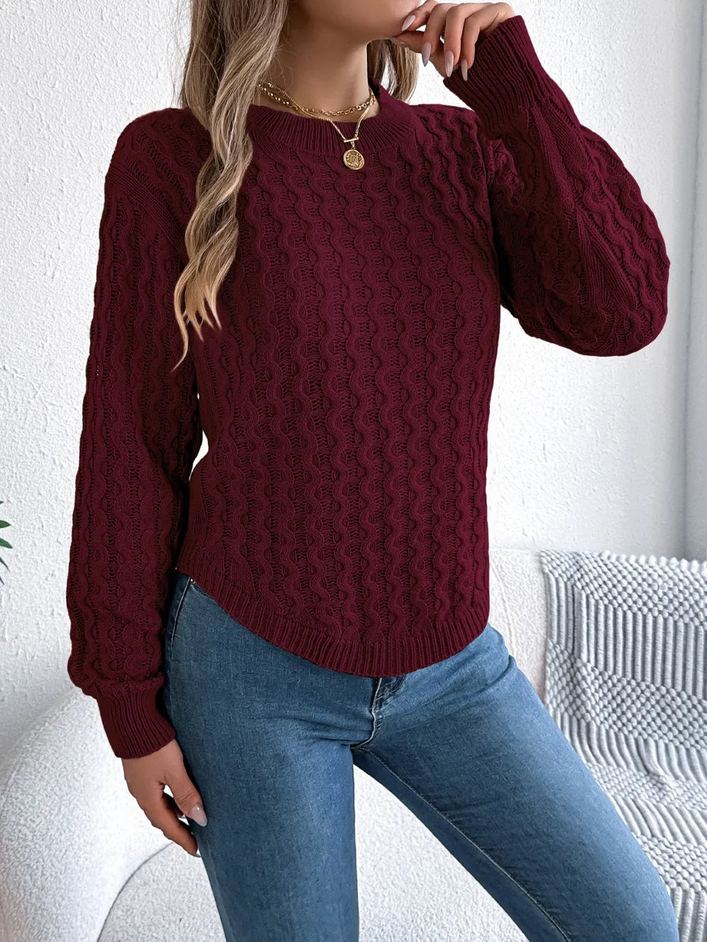 Asymmetric Hem Round Neck Long Sleeve Sweater | Sweaters Sweater from PHUNKYN