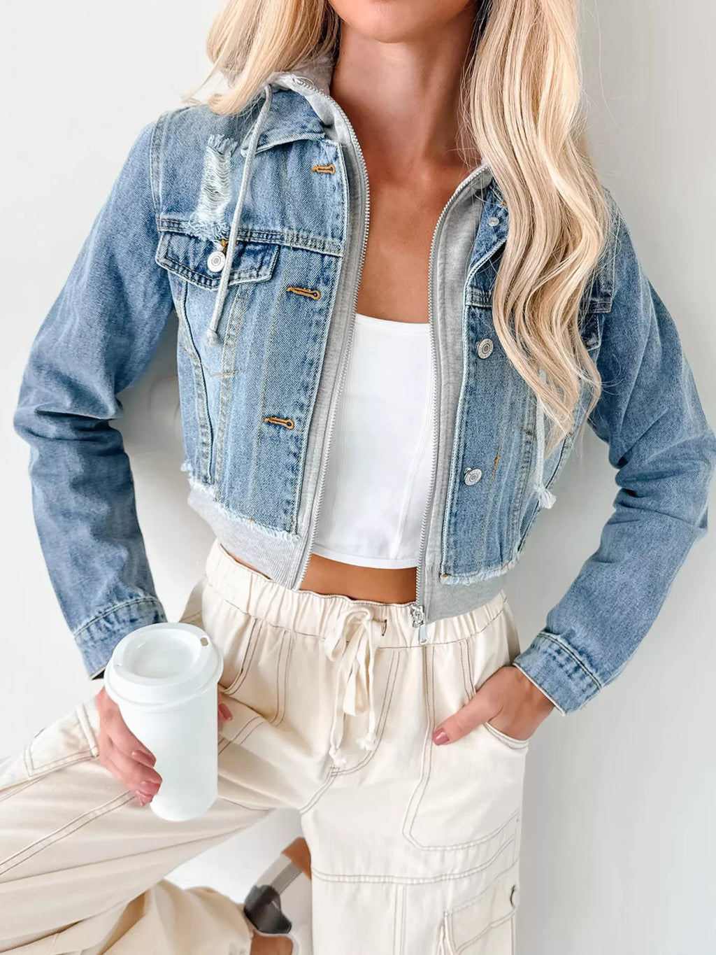 Distressed Zip Up Cropped Hooded Denim Jacket | Jacket from PHUNKYN