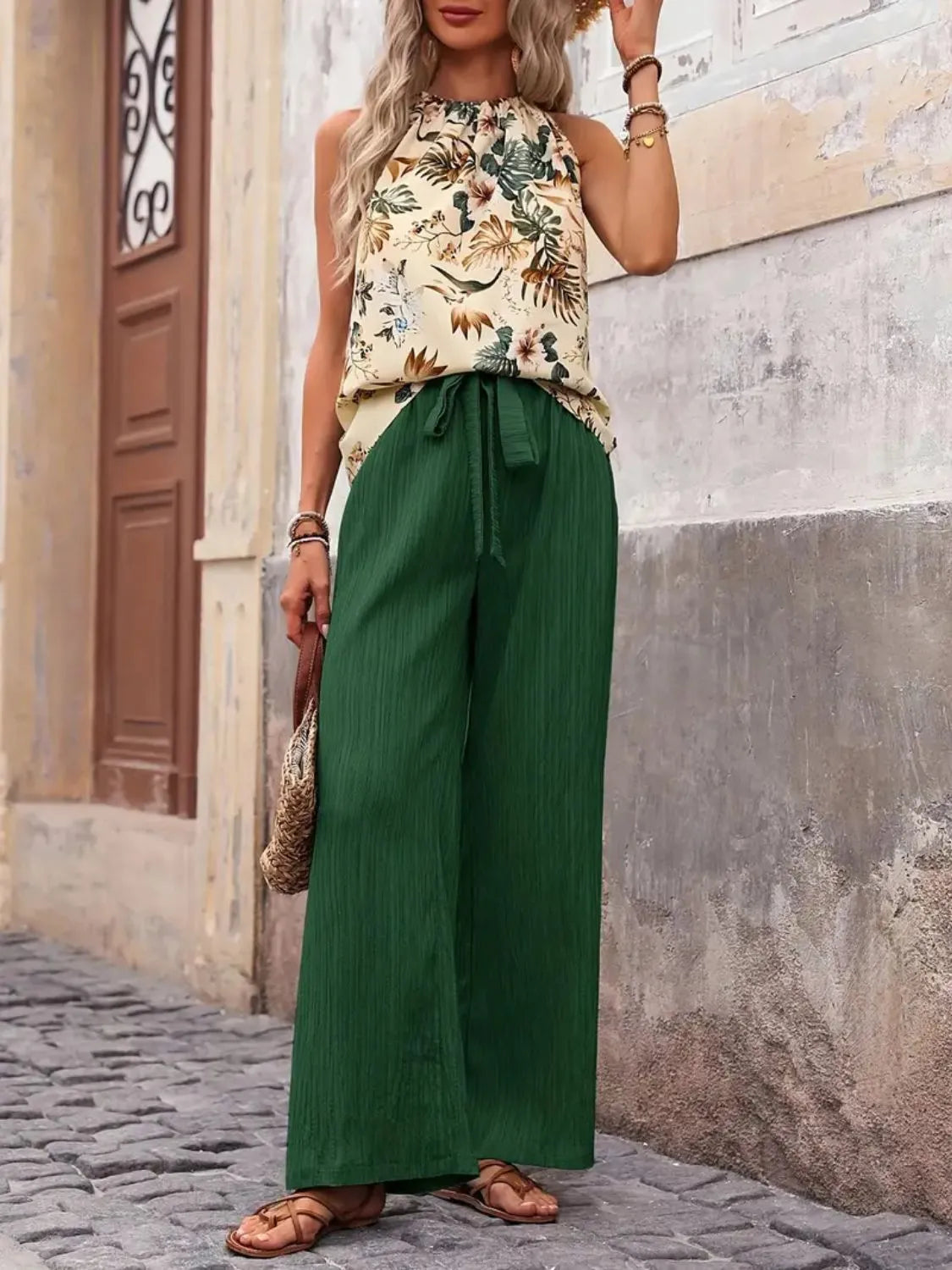 Printed Tank Top and Wide Leg Pants Set | Outfit Sets Top and Pants Set from PHUNKYN